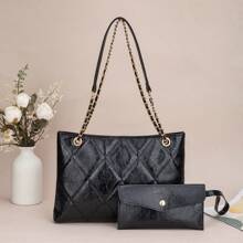 Un set de sac fourre-tout pour dames en polyester matelassé et brodé, doublure en PU noir unicolore. Style mature et luxueux, convient pour le shopping, les sorties et les cadeaux