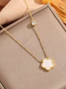 1 mặt dây chuyền bằng thép không gỉ phong cách châu Âu và Mỹ thời trang hình bào ngư cỏ ba lá với vòng cổ nữ khảm kim cương, chuỗi xương đòn cánh hoa độc đáo - Dây chuyền hoa năm lá đính kim cương - Xem 8