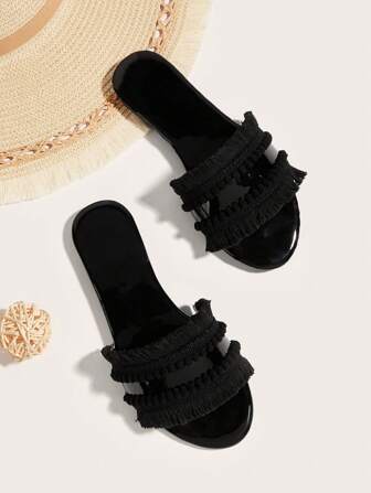 Black Shiny Fuzzy Ball & Tassel Decor Boho, Vacation Style Women Flat Sandals, Random Length & Quantity Of Fuzzy Balls & Tassels