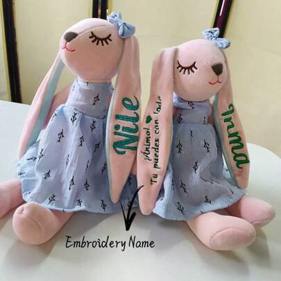 Customized Embroidered Text Plush Rabbit Doll - The Rabbit's Ears Can Be Customized With Embroidered Text/Names On Single Or Both Ears. Great Back-To-School Gift, Rabbit Dressed In A Dress, Decorative Rabbit, Gift For Girlfriend, Child's Birthday, Newborn, New Mom, Anniversary, Party Decor