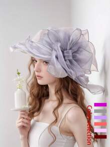 1pc Women Casual Elegant Polyester Mesh Breathable Solid Color Bow Decor Bucket Hat, Fashionable For Outing, Party, Daily Wear - Bow - View 1