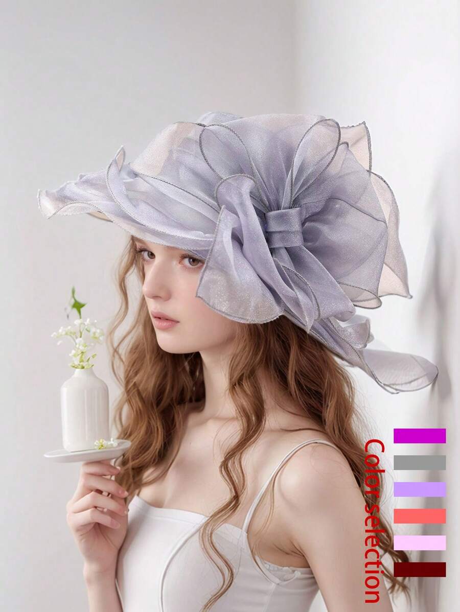 1pc Women Casual Elegant Polyester Mesh Breathable Solid Color Bow Decor Bucket Hat, Fashionable For Outing, Party, Daily Wear - Bow - View 1