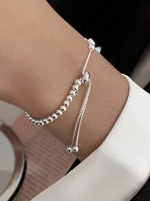 1 Pc 18K Plated Stainless Steel Round Beads Bracelet For Women, Fashion Ins Style Suitable For Party, Date, Office Wear - Silver - View 4