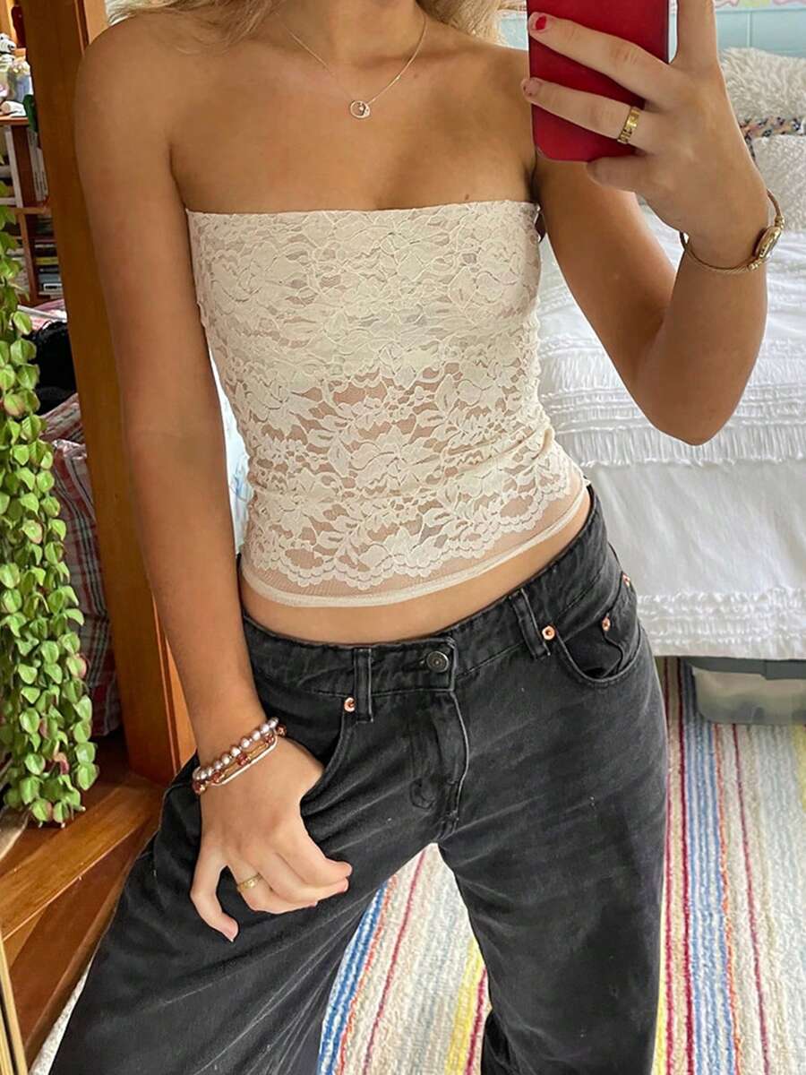 Women Lace Tube Tops Slim Floral See Through Off Shoulder Sleeveless Backless Crop Shirts Summer Streetwear - trắng - Xem 1