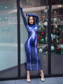 Carolina Barros Sexy Mock Neck Bodycon Body Print Dress - Navy Blue - View 4