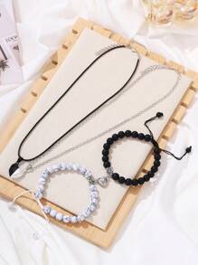 4pcs Jewelry Set Fashion Vintage Love Magnet Attraction Couples Bracelet+Multilayer Necklace, Romantic Stone Beads Lucky Charm Bracelets, Perfect Gift For Best Friend/Couple - Set 1 - View 8