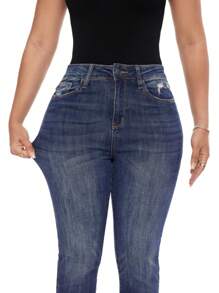 Plus Size Women Straight Leg Jeans High Rise Slit Hem Bootcut Stretchy Denim Pants Casual Daily