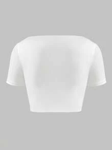 XLLAIS Áo thun cổ vuông tay ngắn, chất liệu co giãn cao, thoáng khí, hai lớp, màu trắng cơ bản, dáng crop top, dành cho nữ. - trắng - Xem 9
