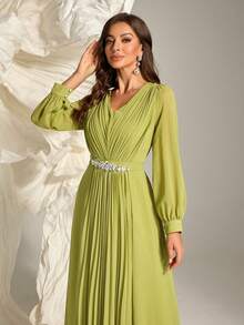 Women V-Neck Long Sleeve Ruched Elegant Party Dress With Rhinestone Decoration, Wedding Guest Dress, Formal Dress, Evening Dress, Gown
