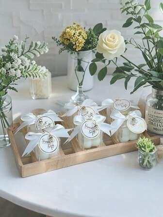 1 pieza (el set consta de 1 vela perfumada + 1 caja transparente + lazo de boda + colgante)/Set de 10 velas de espuma, velas de mesa para fiestas de boda, aroma a pequeña orquídea, cera de soja, velas colocadas en cajas de acrílico con tarjetas de lazo, regalos de boda, regalos festivos, decoración del hogar