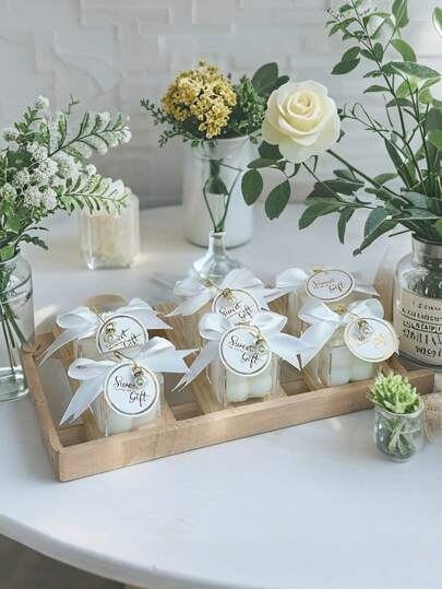 1 pieza (el set consta de 1 vela perfumada + 1 caja transparente + lazo de boda + colgante)/Set de 10 velas de espuma, velas de mesa para fiestas de boda, aroma a pequeña orquídea, cera de soja, velas colocadas en cajas de acrílico con tarjetas de lazo, regalos de boda, regalos festivos, decoración del hogar