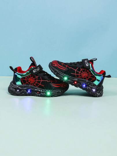 1 Pair Fashion LED Glowing Spider Web Design Breathable Sports Shoes, Suitable For Boys And Girls - Casual, Shock Absorbing, Non-Slip Outdoor Running And Walking Shoes For All Seasons