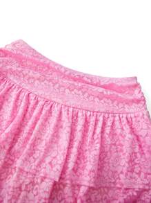 Women Tiered Ruffled Short Skirts Floral Lace Sheer Mid Rise Lined Cute Flowy Mini Skirts - Pink - View 5