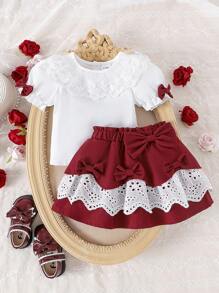 2 件套女婴可爱泡泡袖蕾丝领上衣和蝴蝶蕾丝裙套装，夏季 - 白色 - 查看 3