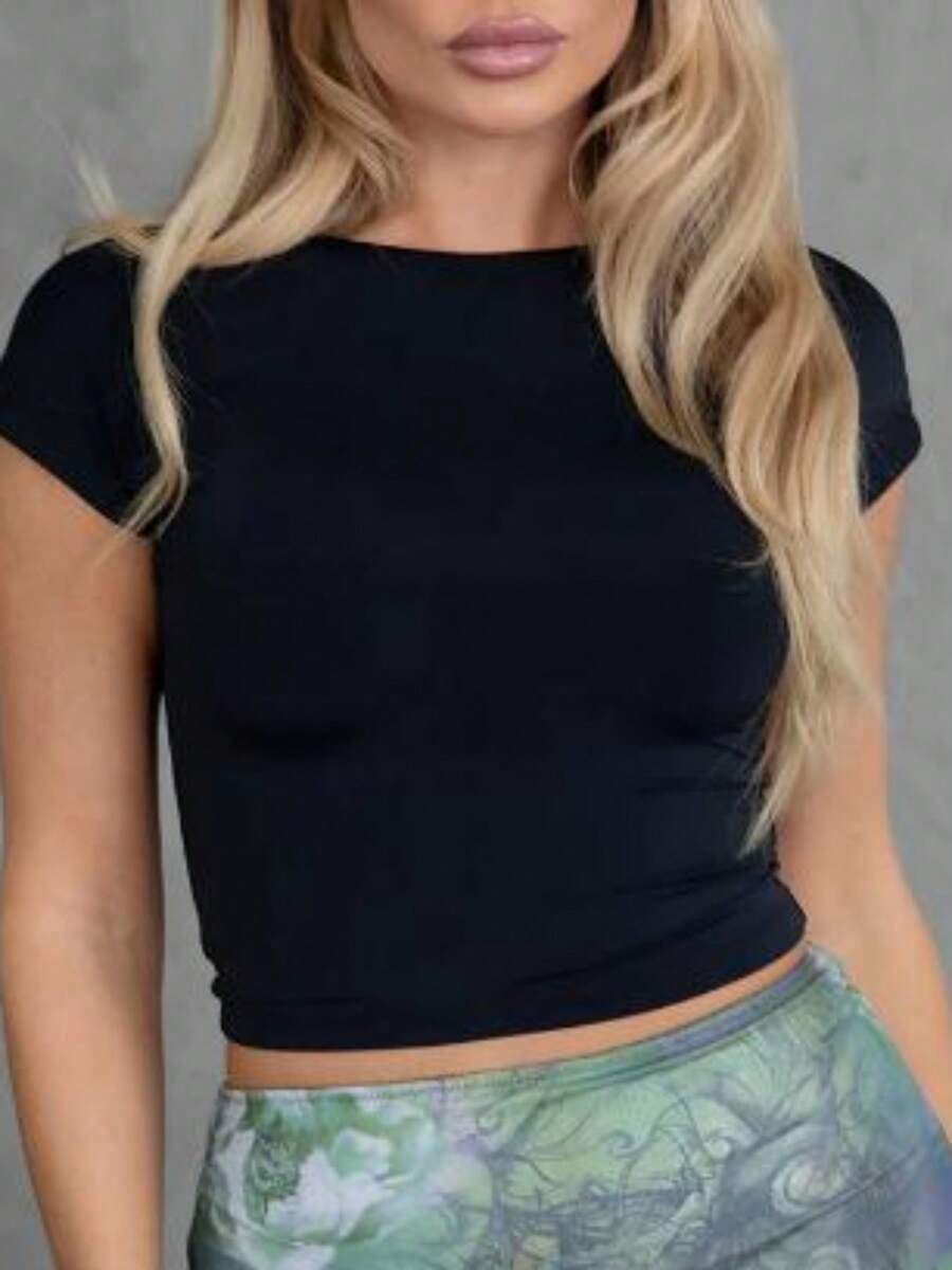 Women's Open Back Crop Tops Short Sleeve Crew Neck Solid Color Baby Tees Summer Tops - Black - View 1