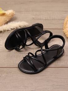 1 Pair White Plus Size Toddler Girls Flat Sandals, Solid Color PU Criss-Cross Strap, Elastic Back Heel Design, Round Toe Open Toe, Non-Slip Lightweight Sole, Fashion & Cute Roman Style Sandals, Suitable For 3-15 Years Old Boys & Girls For Daily, Party, Travel, Spring/Summer - Black - View 5