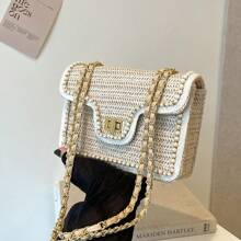 Women's Hand Woven Straw Woven Handbag, Lightweight Beach Summer Beach Vacation Shoulder Handbag, Pearl Edging, Fashionable And Simple Flip Top Crossbody Small Square Bag - Beige - View 7