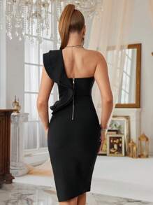 One Shoulder Petal Tight Split Bodycon Dress Graduation Cocktail Party Bandage Dress, Semi Formal Dress, For Birthday, Wedding Guest, Dinner, Homecoming - Black - View 2