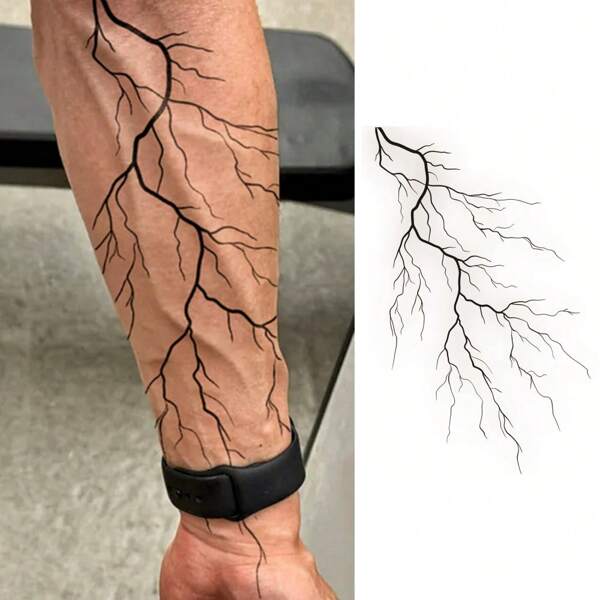 1 feuille de tatouage temporaire imperméable et , motif éclair noir pour le bras