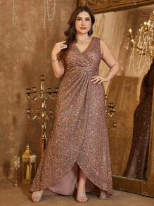 UNITHORSE Plus Size Sleeveless V-Neck Ruched Front Sparkly Sequin Slit Elegant Evening Gown, Party Dress, Wedding Guest Dress, Formal Dress, Evening Dress, Bride Dress, Birthday Women Outfits, Graduation Dress - 咖啡棕 - 查看 3
