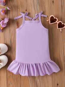 Baby Girls Cute Flower & Letter Print Sleeveless Ruffled Bow Decor Mini Dress, Fashionable For Summer - Purple - View 2