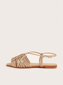 Handwoven Champagne PU Leather Strap Woven Design Fashion Flat Sandals For Women, Random Woven Pattern,Spring Summer Outfits - Champagne - View 3