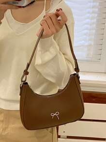 Simple New Bow Decor Solid Color PU Leather Handbag, Lightweight Outdoor Travel Vacation Crescent Bag, Elegant Business Commuting Underarm Bag For Daily Office Use, Versatile Street Shopping Cell Phone Coin Baguette Bag, Women Shoulder Bags