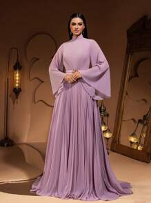 New Luxury Fashion Elegant Flared Sleeve Pleated Chiffon Maxi Dress With Belt, Formal Evening Party Gown (Size Runs Large, Customers Advised To Check Size Chart) - Hồng - Xem 2