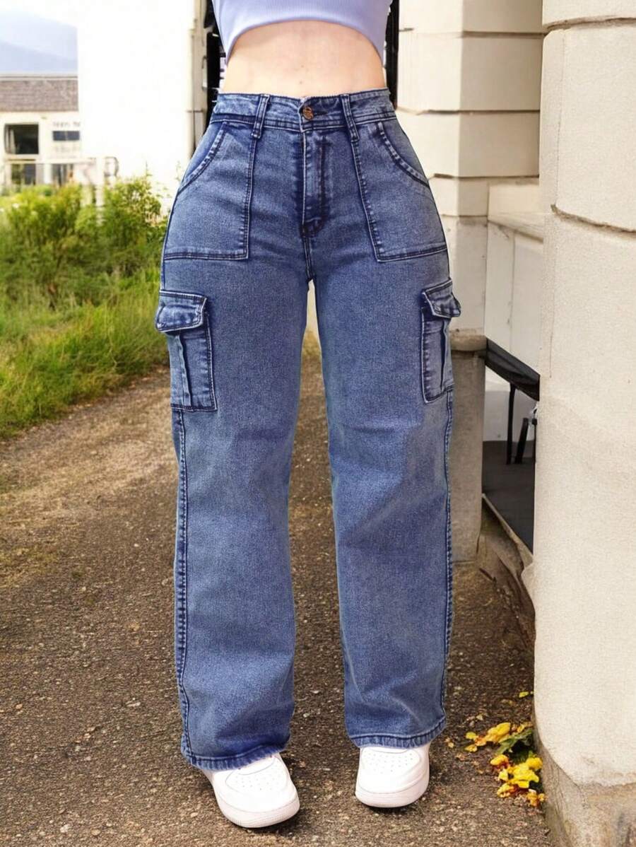 Wide Leg Cargo Stretch Denim Jeans For Women Push Up High Waist Urban - 用袋子清掃 - 查看 1