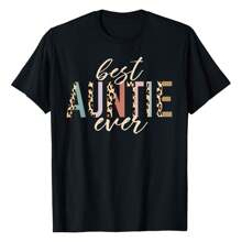 Best Auntie Ever Gifts Aunt Leopard Print Mothers Day T-Shirt Fashionable Plus Size Women's T-Shirt, Super Soft And Breathable Comfortable Fit, Versatile Everyday Style, Suitable For All Seasons. - 黑色 - 查看 1