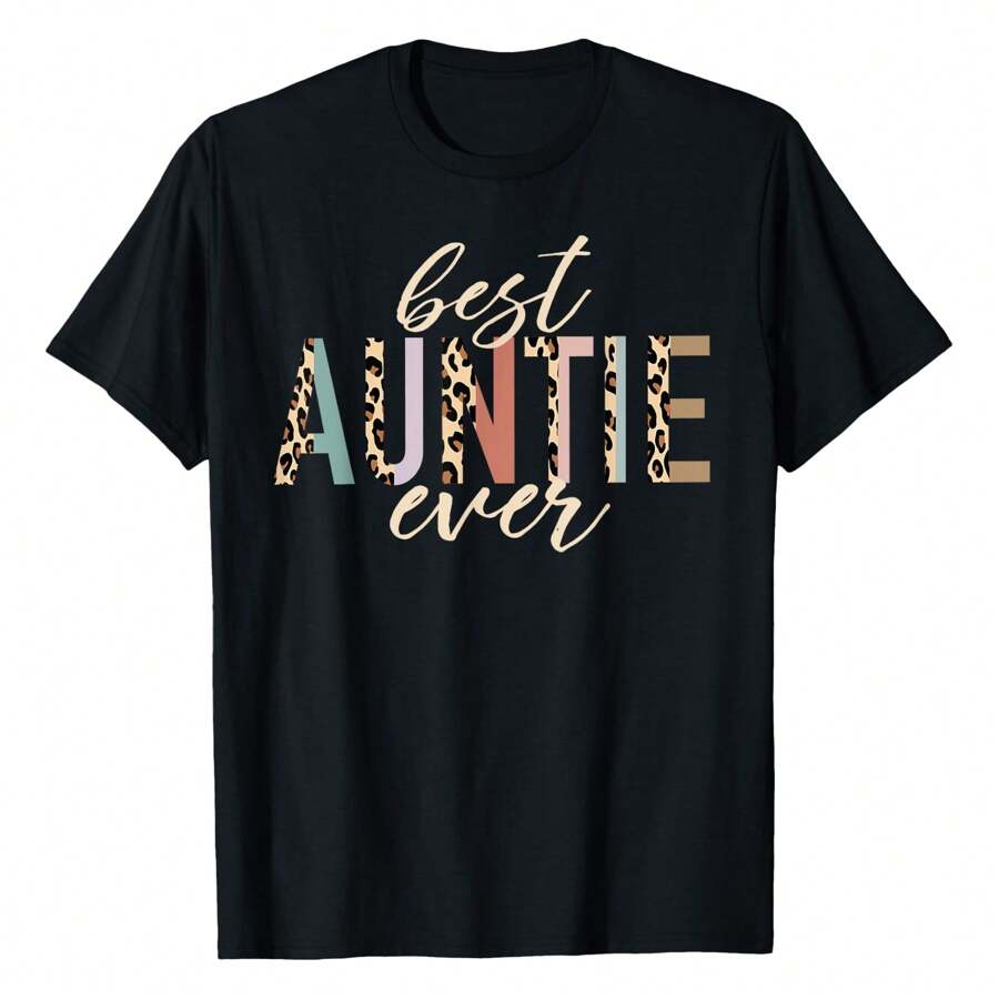 Best Auntie Ever Gifts Aunt Leopard Print Mothers Day T-Shirt Fashionable Plus Size Women's T-Shirt, Super Soft And Breathable Comfortable Fit, Versatile Everyday Style, Suitable For All Seasons. - 黑色 - 查看 1
