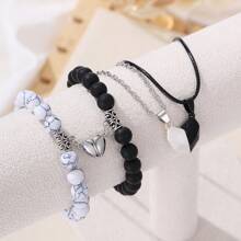 4pcs Jewelry Set Fashion Vintage Love Magnet Attraction Couples Bracelet+Multilayer Necklace, Romantic Stone Beads Lucky Charm Bracelets, Perfect Gift For Best Friend/Couple - Set 1 - View 3