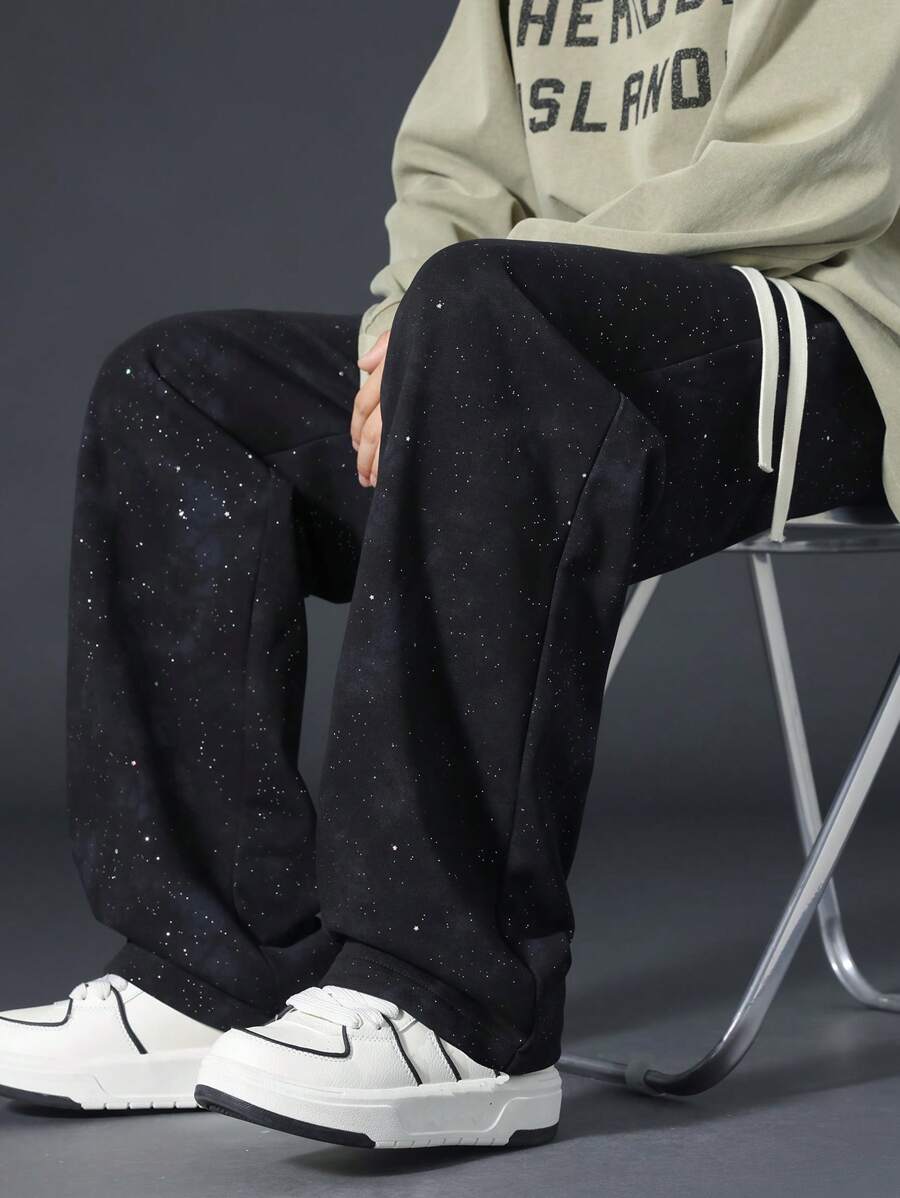Men's Starry Print Drawstring Waist Straight Casual Pants, Spring/Summer