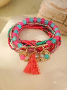 Set de 9 piezas Brazaletes de mujer con cuentas de vidrio y borlas, estilo bohemio con cadena metálica