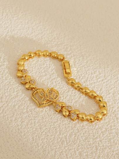 Bracciale da donna stile bohémien con perline rotonde a forma di farfalla, placcato in oro 18k con zirconi cubici, elegante, con base in rame, adatto per uso quotidiano e gioielli da matrimonio, accessorio stagionale