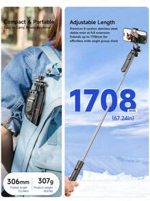 AXNEN Tripé Selfie para Smartphone de 170,8 cm - Tripé de Viagem Telescópico com Alça Estabilizadora e Rotação de 360°, Controle Remoto Sem Fio e Suporte de Telefone Destacável, Compatível com GoPro/Câmera/Smartphone/Android Pro MAX para Viagem, Vlogging, Vídeo e Foto