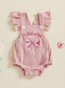 Toddler Girl First Birthday Romper Letter Bow Embroidery Ruffled Flying Sleeve Infant Jumpsuit For Summer - Pink - View 1