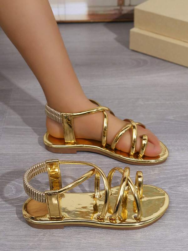 2025 Summer New Girls Set Toe Elastic Buckle Flat Round Toe Comfortable Non-Slip Beach Fashion Sandals