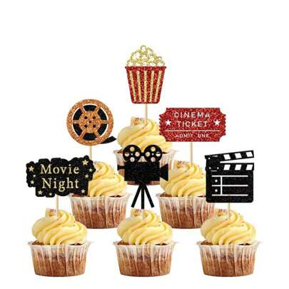 12/24 件电影纸杯蛋糕装饰电影胶卷相机爆米花纸杯蛋糕装饰适用于电影主题派对生日派对婚礼派对装饰