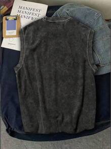 男士休闲无袖复古水洗圆领上衣 - 黑色 - 查看 2