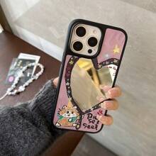GUCADI 1 st. Zwarte Kat & Ster Decoratieve Spiegel Harde Telefoonhoes met Liefdeskralen Lanyard, Compatibel met 16/15/14/13 Serie, Schattig Cartoon Kattenontwerp, Niche Stijl