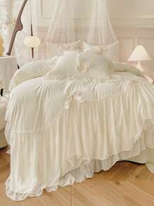 3pcs Princess Style Lace Bedding Set, White Bowknot Decor Duvet Cover & Pillow Shams (No Filling) - White - View 5