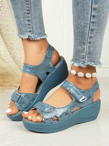 2025 New Summer Casual Platform Sandals, Metal Buckle Decor, Faux Linen Rope, Lightweight, Open Toe Elastic Strap Sandals - Blue - View 1