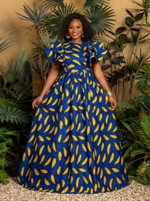 Faeriesty Plus Chic African Print Maxi Casual Dress With Short Sleeves, Ruffled Sleeve Details, And Plus Size Flared Hem – Vibrant Print Perfect For Summer Beach Parties, Tropical Weddings, And Garden Festivals (Lightweight & Seasonless Design) Summer Dresses Spring Clothes - Blue - View 2