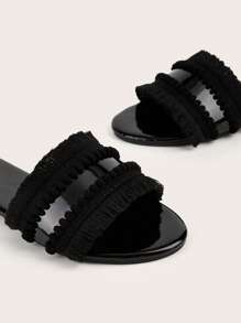Black Shiny Fuzzy Ball & Tassel Decor Boho, Vacation Style Women Flat Sandals, Random Length & Quantity Of Fuzzy Balls & Tassels,Spring Summer Outfits - Black - View 6