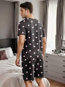 Men's Sleepwear Set, Heart Print Design, Pink - Black - View 6