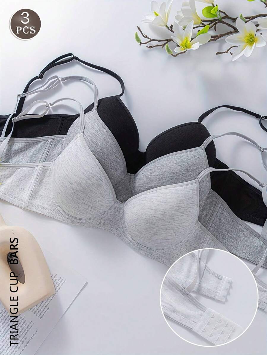 3Pcs Solid Seamless Push Up Bras --Three-Breasted Adjustable Shoulder Straps Underwire Bras - Multicolor - View 1