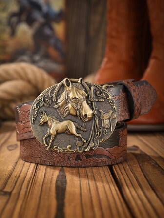 1 pieza Cinturón de cuero de poliuretano marrón oscuro estilo vaquero occidental con hebilla de caballo, adecuado para todas las estaciones, casual, negocios, novio, esposo, padre, hombre, uso diario, moda, adolescente, al aire libre, vacaciones, atlético, viaje, bohemio, otoño-invierno, accesorios, adecuado para adolescentes, jóvenes, hombres, casual, al aire libre, atlético, vacaciones, regalos de graduación, cumpleaños