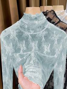 Thin High Neck Lace Base Layer Top, Flounce Edge Mesh Undershirt, 2024 New Spring & Autumn Collection - Baby Blue - View 3