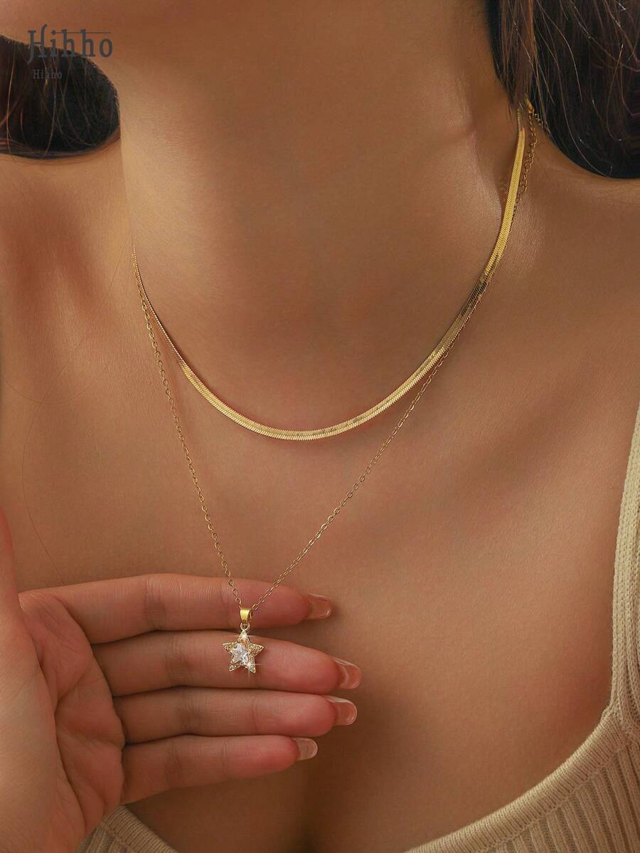 Hihho 2pcs Minimalist Sparkling Cubic Zirconia Star Pendant Necklace Set, Elegant Daily Wear Jewelry Gift For Her - Gold - View 1